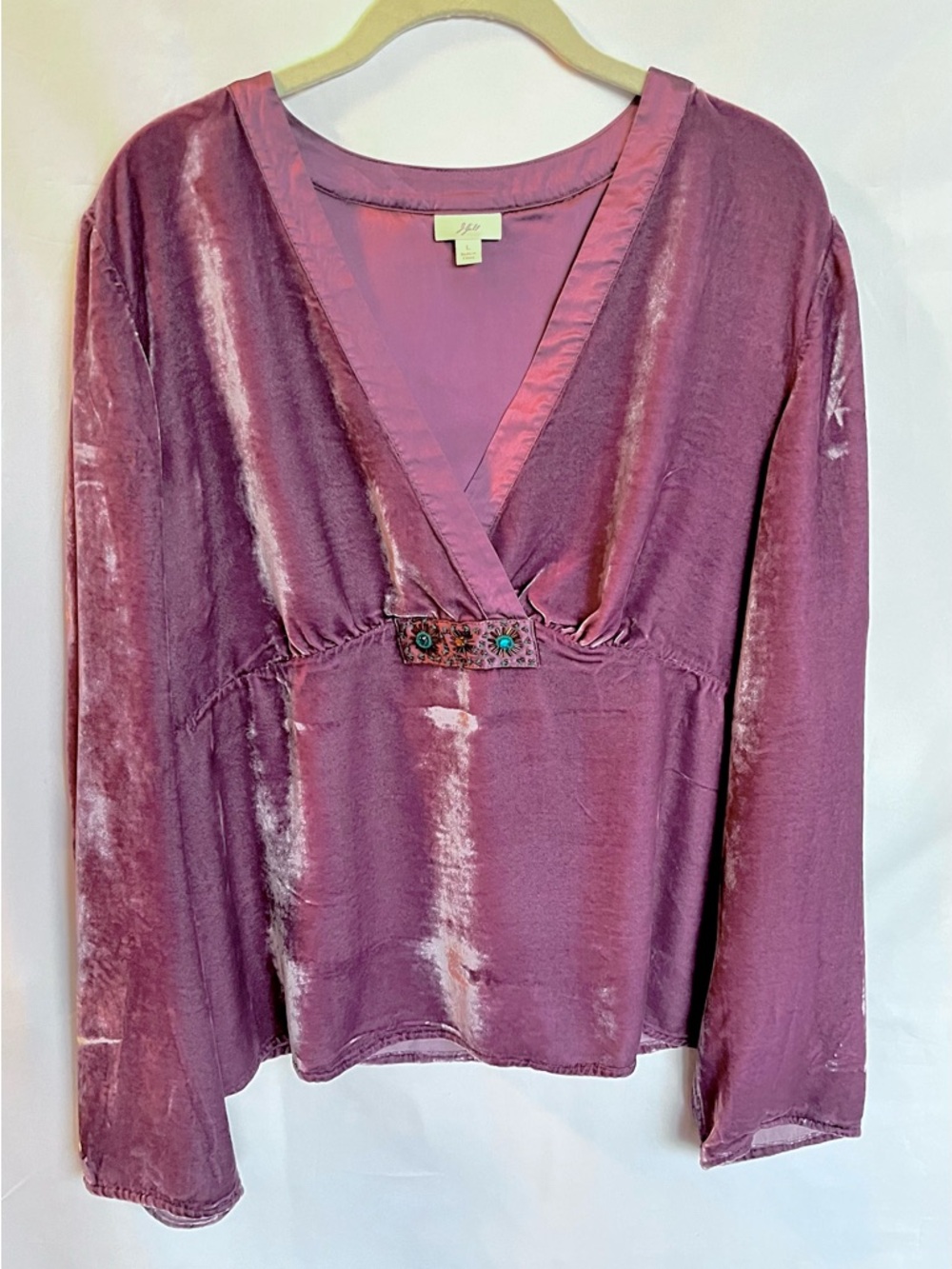 J. Jill Plum Satin-Velvet V-neck Boho Top with Contrasting Beadwork